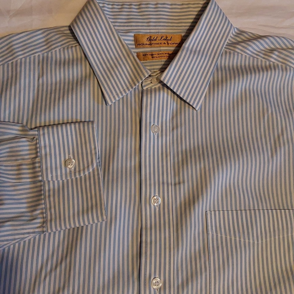 Roundtree & Yorke‎ Gold Label Dress Shirt Mens 17.5 36 Tall Blue & White Stripe